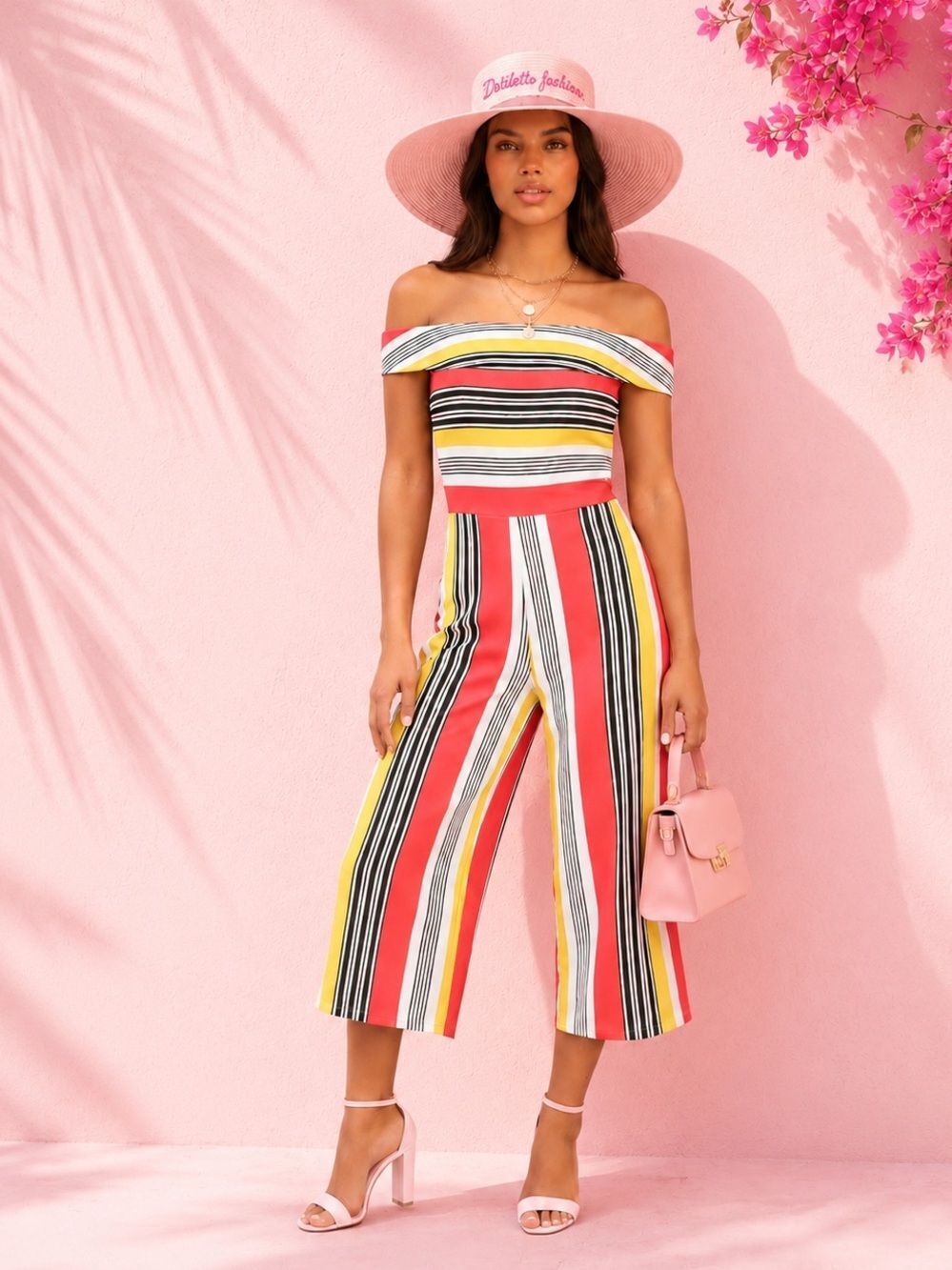 PRIVY Off-Shoulder Striped Wide-Leg Jumpsuit - Red, Yellow & Black Size SMALL